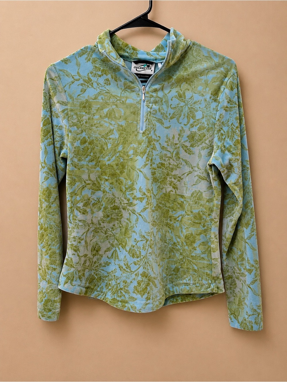 Obermeyer Light Blue and Olive Green Floral Zip Pullover